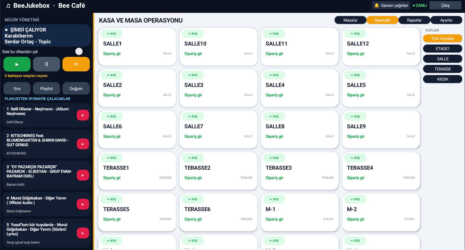 BeeJukeBox Android POS masa ve sipariş yönetimi ekranı